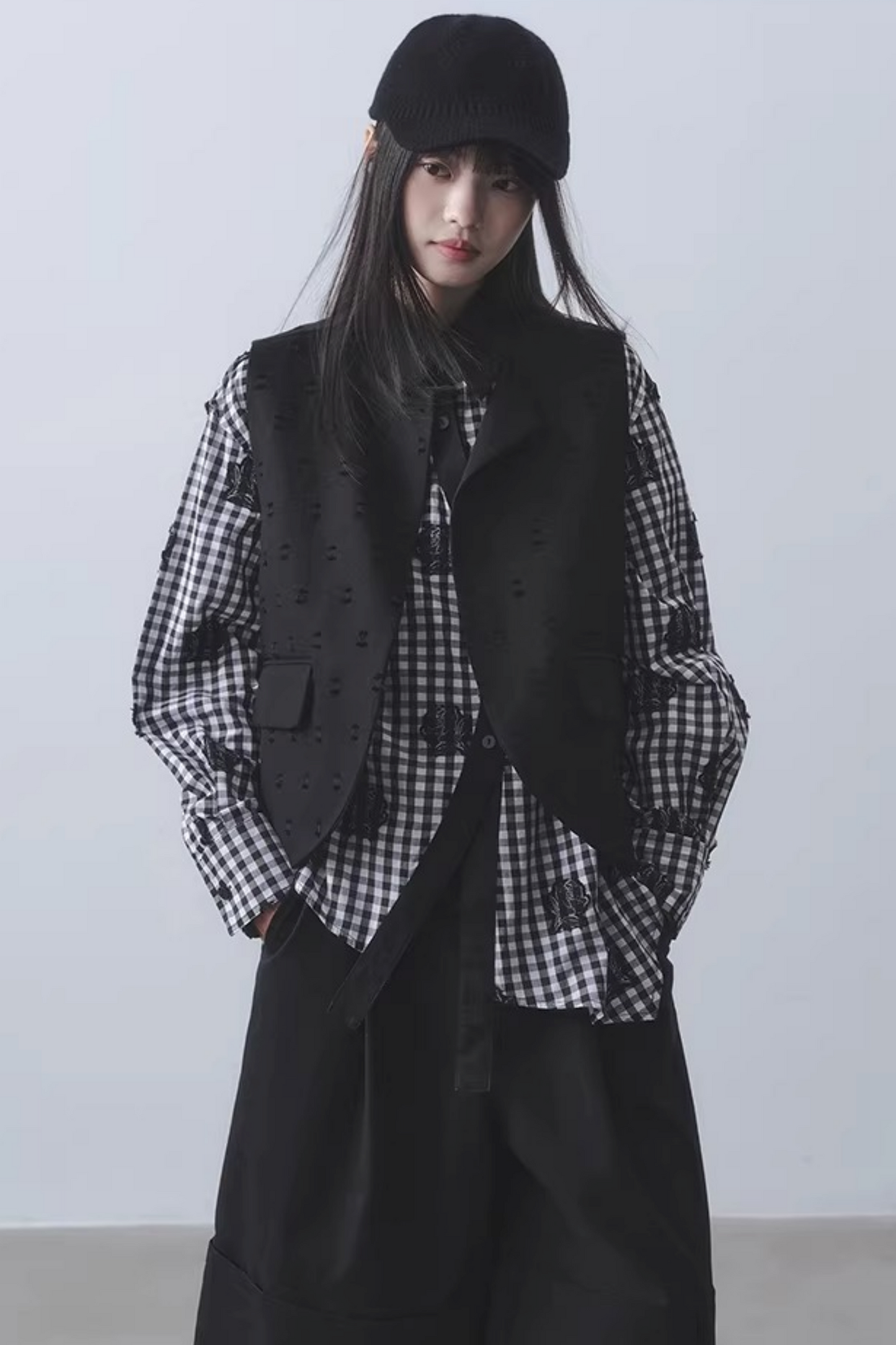 Checkered Rose Embroidery Shirt