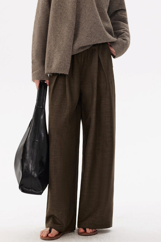 Coffee Elastic Waist Pleats Wide-Leg Suit Pants
