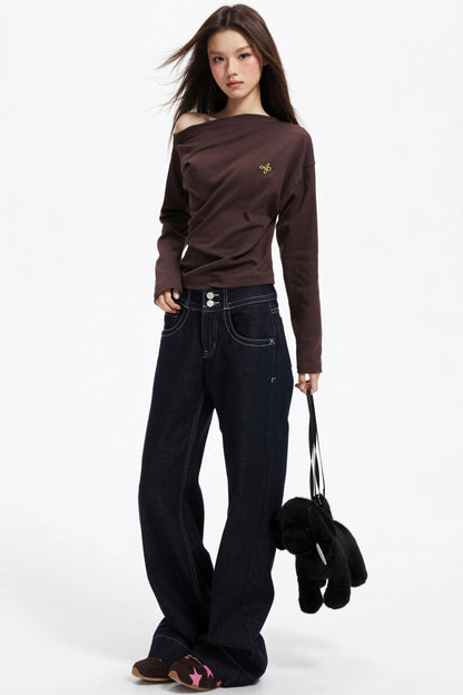 Irregular Slanted Shoulder Knitted Top