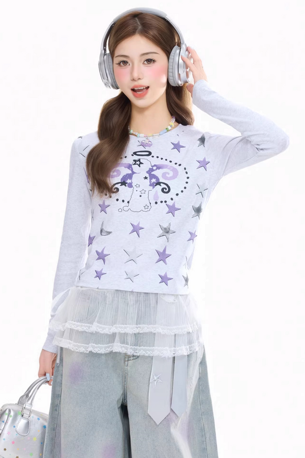 Star-Printed Retro Blouse