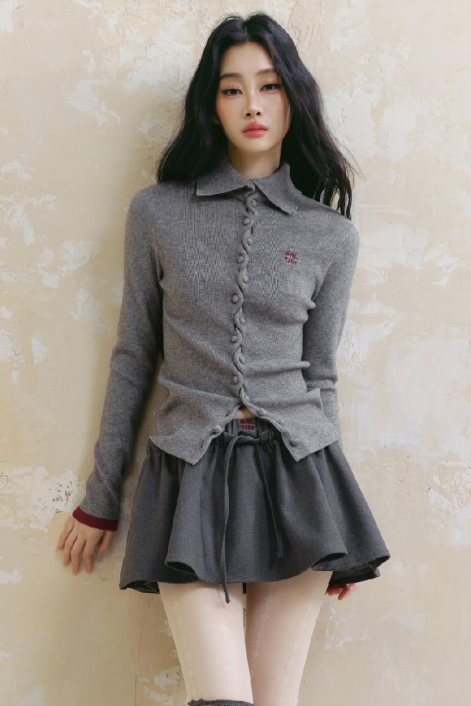 Gray Polo Neck Knitted Top