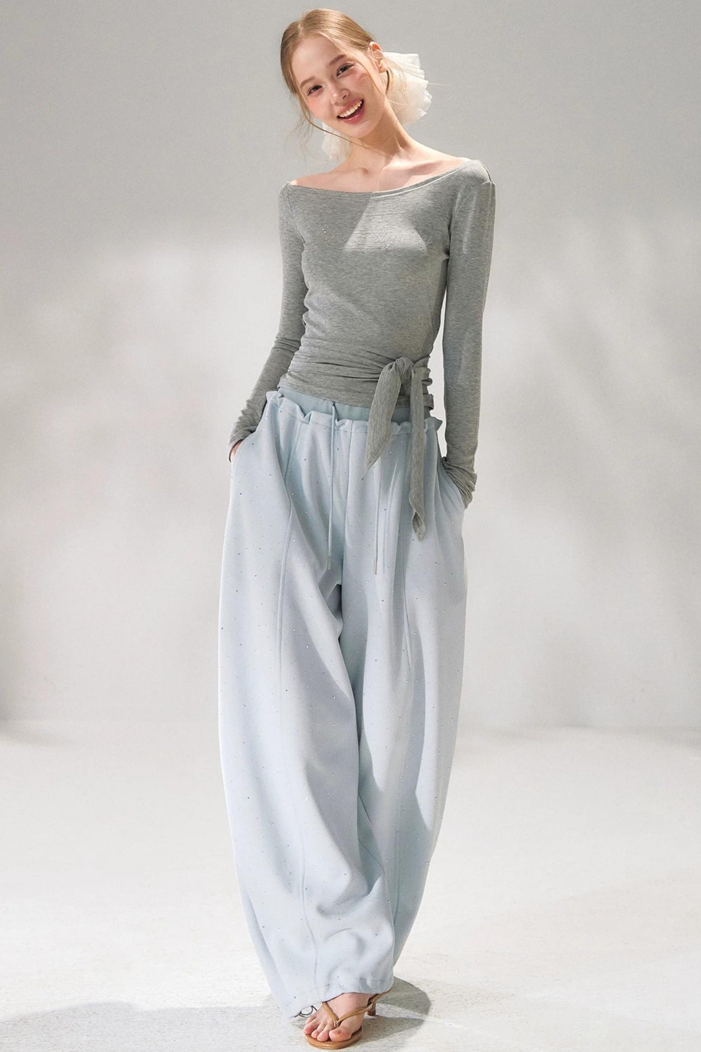 Rhinestone Elastic Waistband Pants