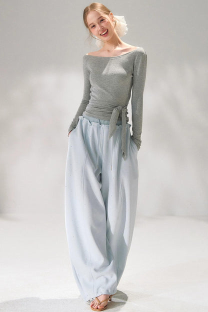 Rhinestone Elastic Waistband Pants