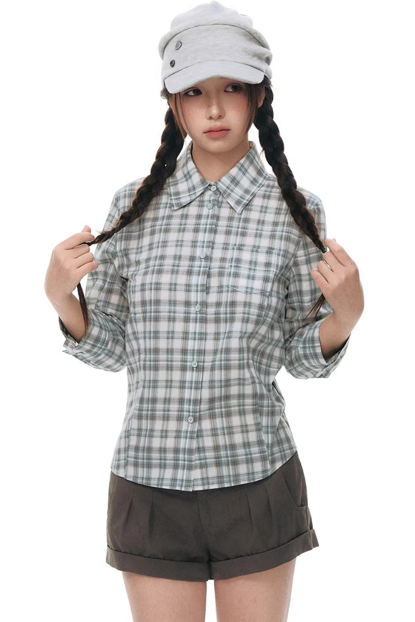 Plaid Cotton Waist-Cinching Blouse
