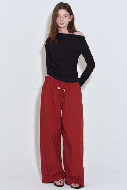 Retro Red Drawstring Bead Sporty Straight Pants