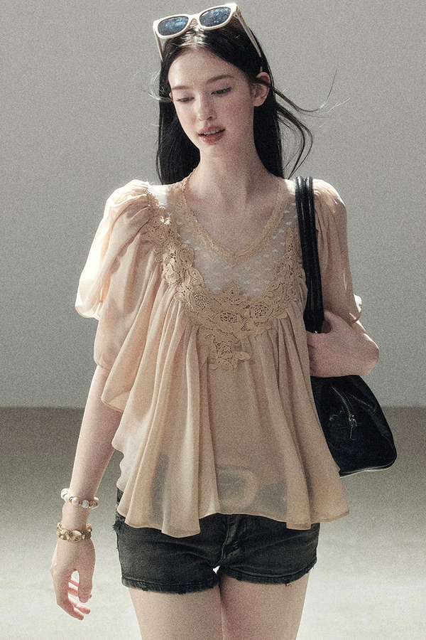 Lace Chiffon Ruffle Top