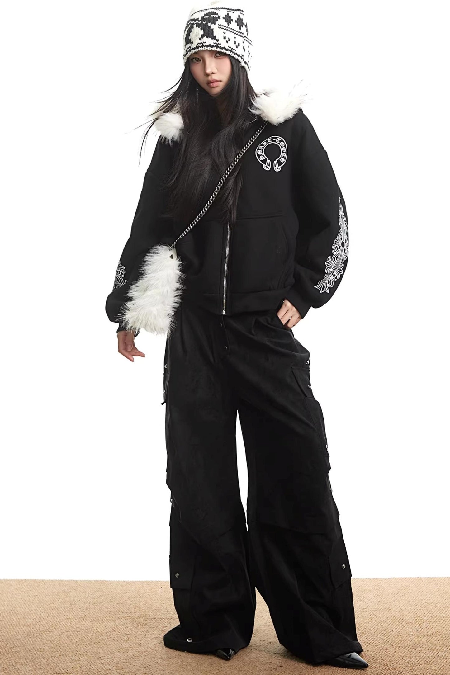 Printed Fur Collar Hooded Jacket