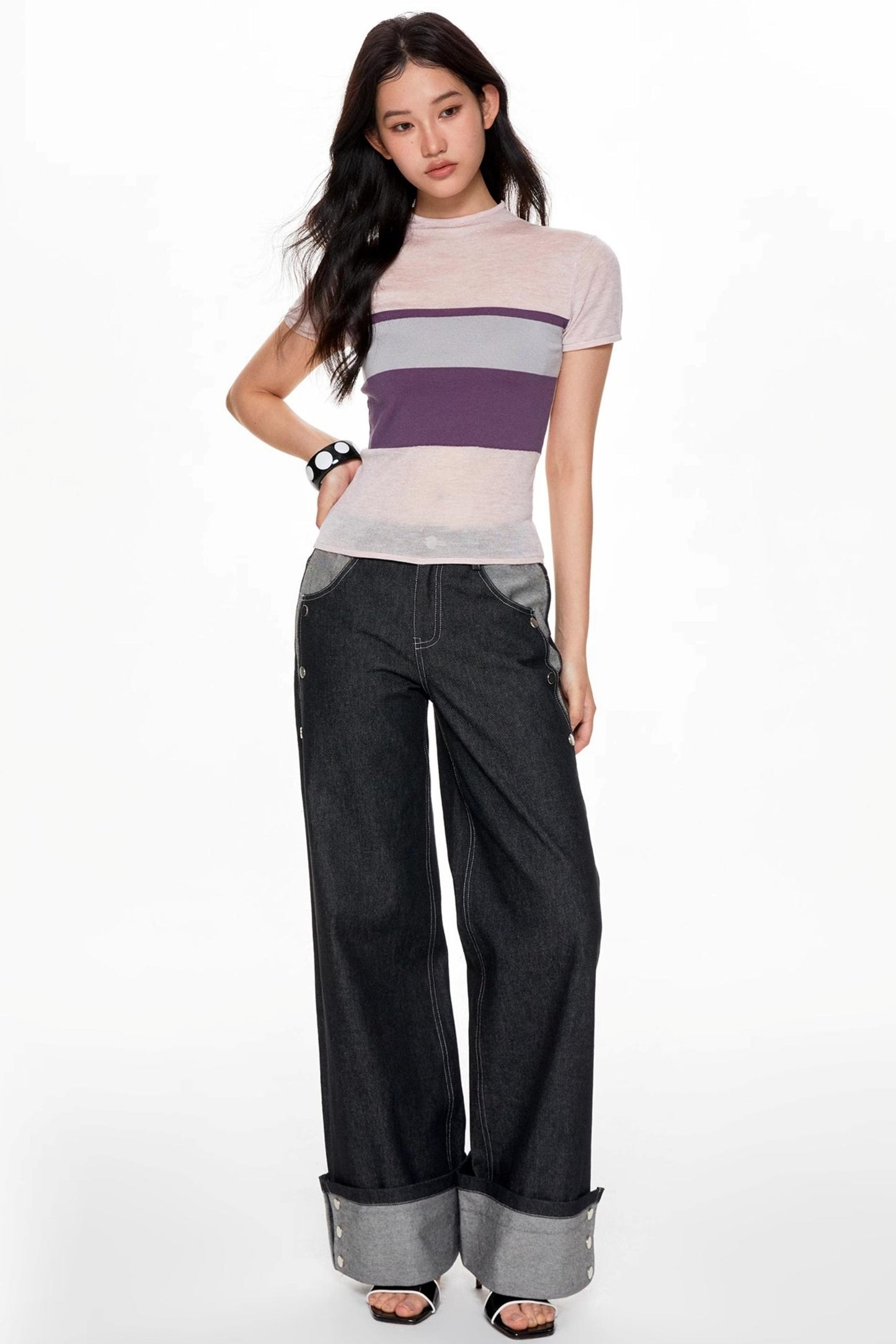 Color Collision High Neck Slim Top