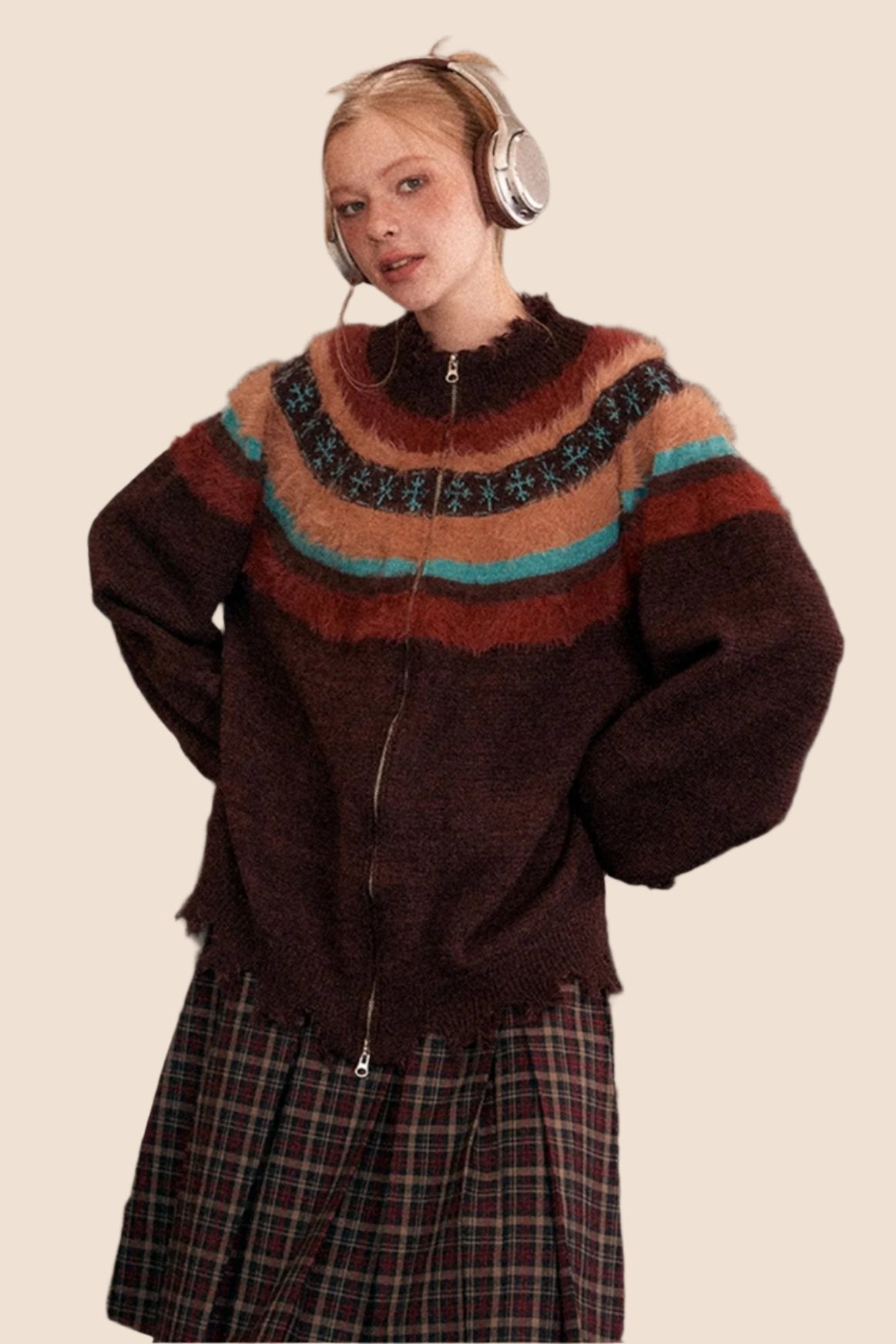 EZEK's stimmungsvoller amerikanischer Retro-Lazy-Stil Nähte kontrastierende Pullover Damen Frühjahr und Herbst Reißverschluss Strickjacke Jacke