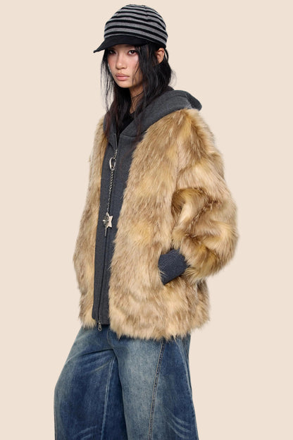 Fur Patchwork Hooded Cardigan