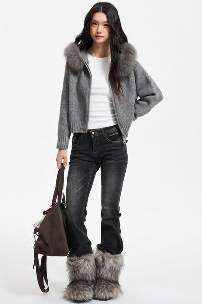 Knitted Sweater Jacket with Fur Collar