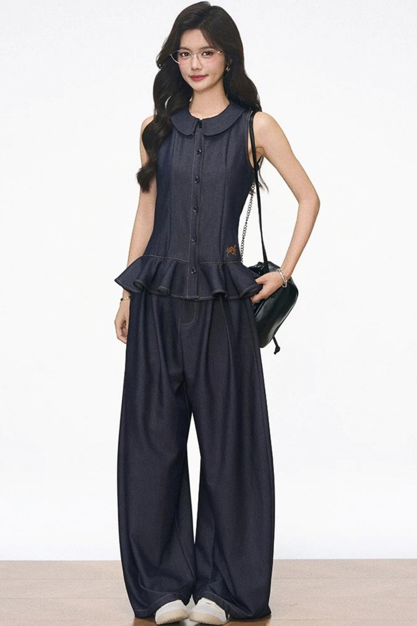 Doll Collar Faux Denim Set-Up