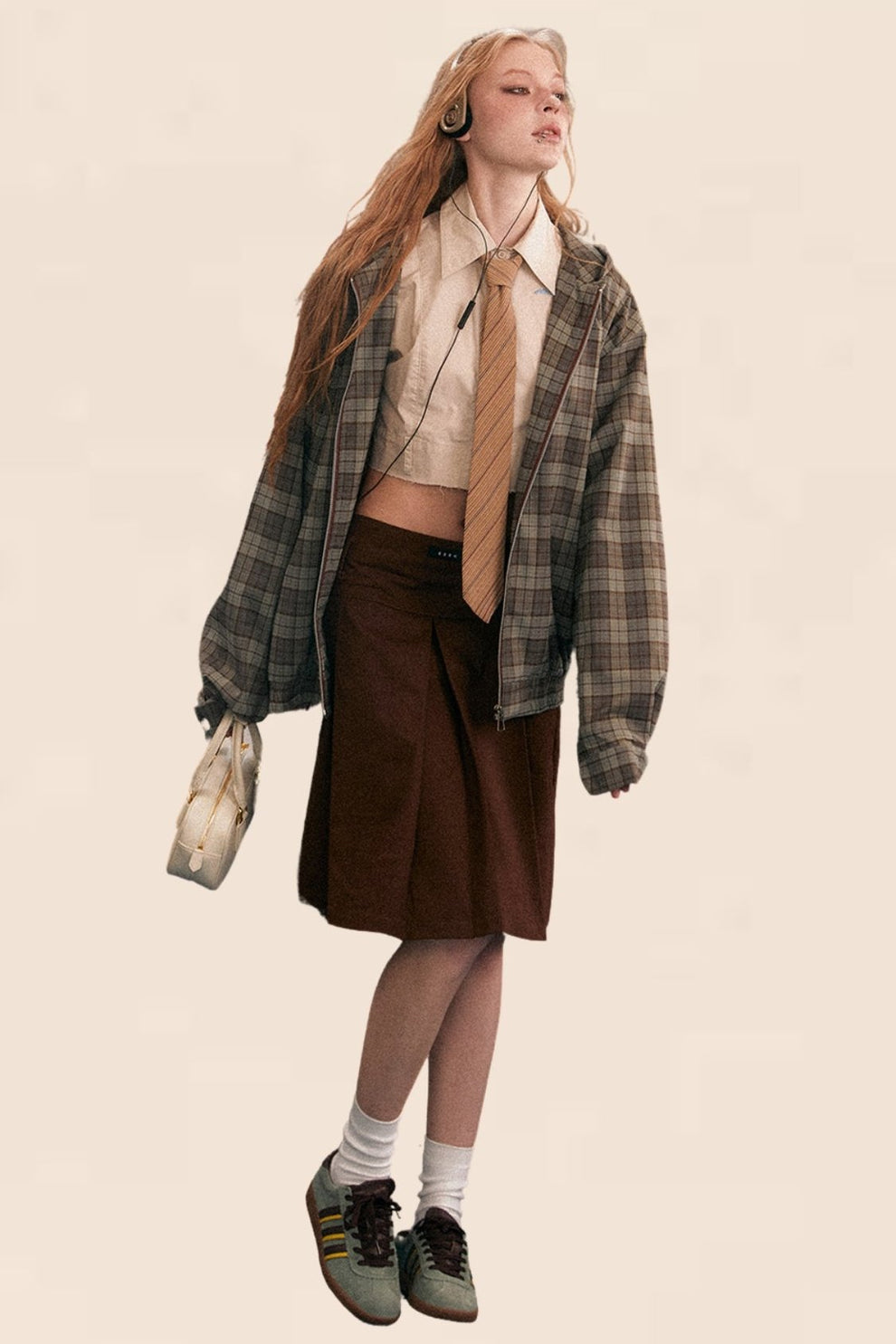 Street British Style Plaid Contrast Hooded Collar Outerwear