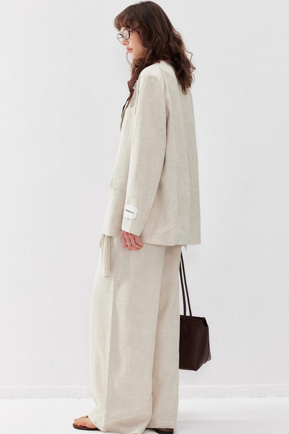 Chic Linen-Cotton Blazer & Wide Leg Pant Set-Up
