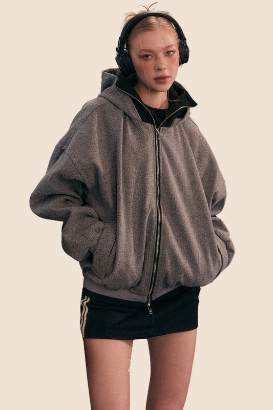 Heavy Gray Hooded Cardigan Jacket