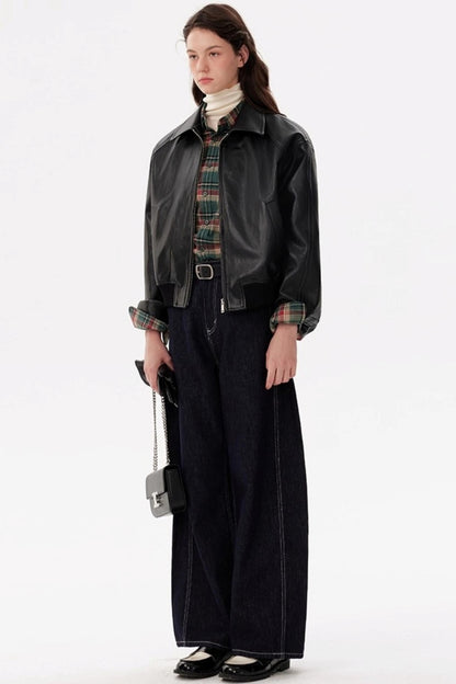 Black Lapel Short Leather Jacket