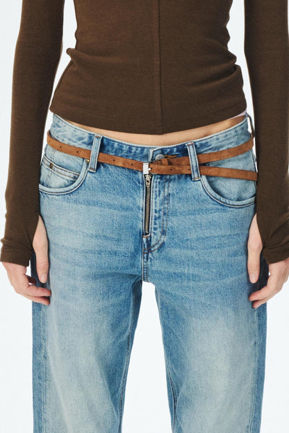 Narrow Suede Cowhide Brown Belt