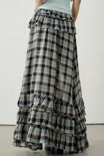 Gray-Green Plaid Ruffled Skirt