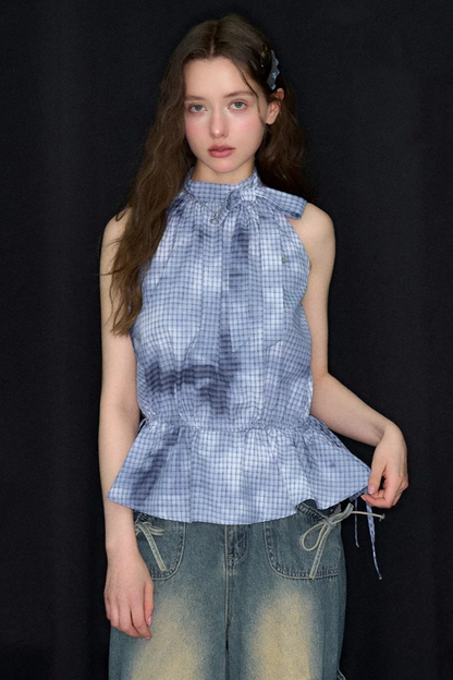 Blue Plaid Bow Halter Top