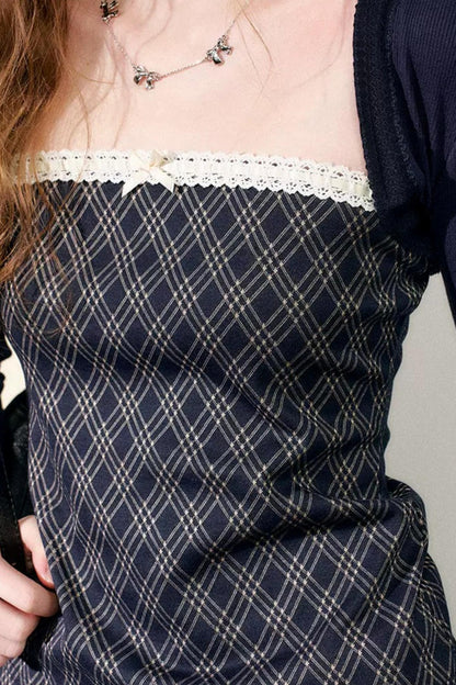Lace Plaid Patchwork T-Shirt