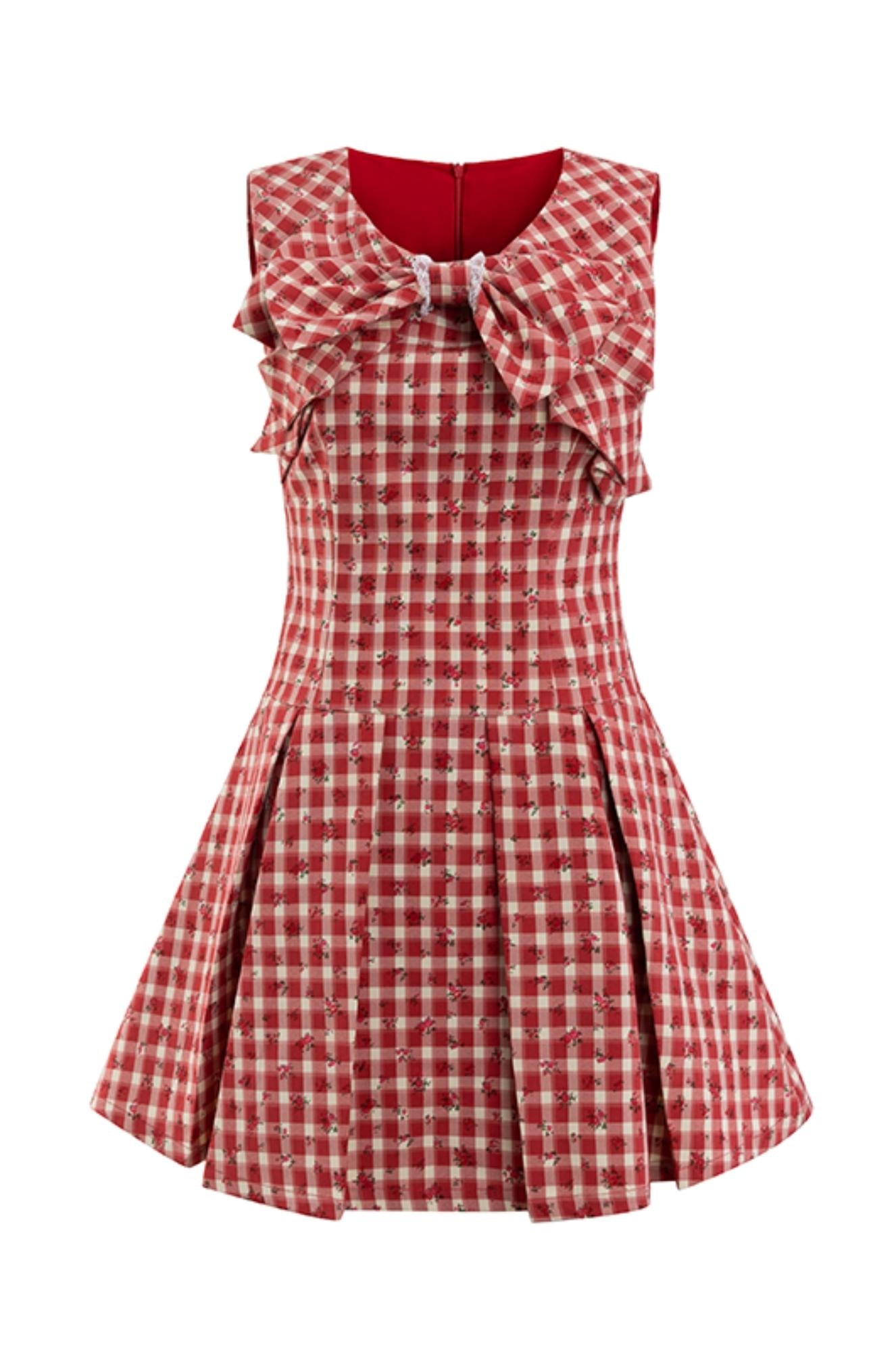 Red Check Floral Bow Vest Dress