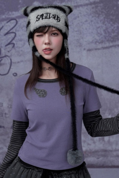 Striped Faux Mink Cat Ear Hat