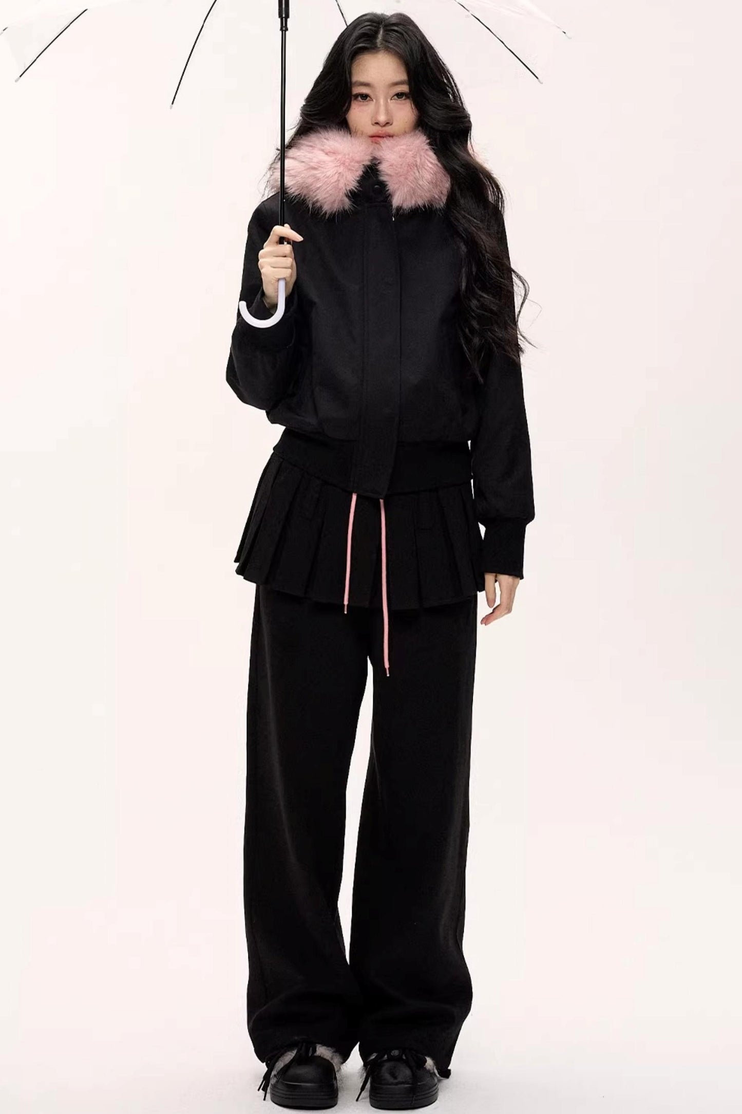 Burgundy Black Fur Collar Coat Set-Up