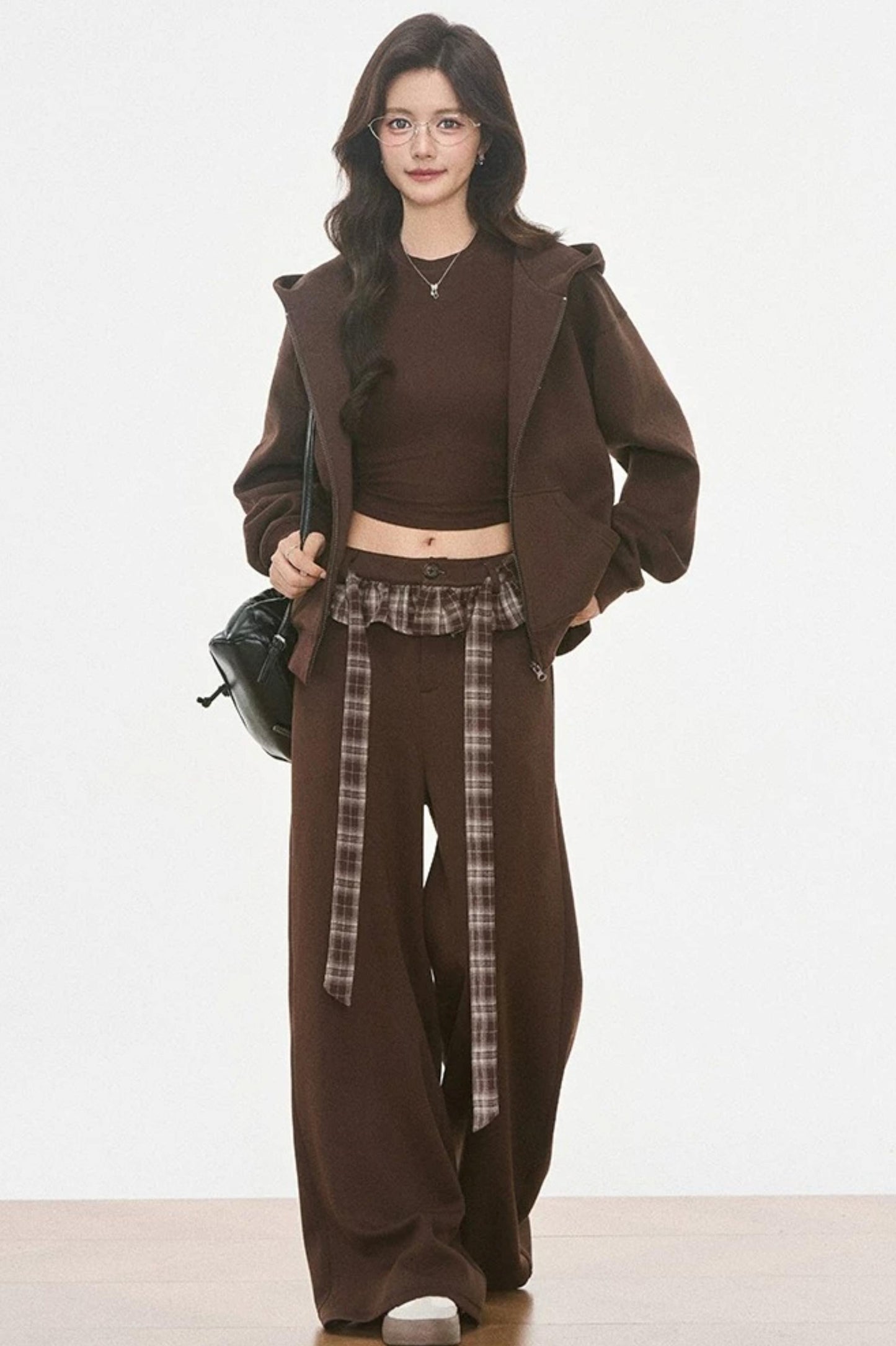 Plaid Patchwork Hooded Sweatshirt and Sweatpants Set-Up