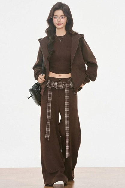 Plaid Patchwork Hooded Sweatshirt and Sweatpants Set-Up