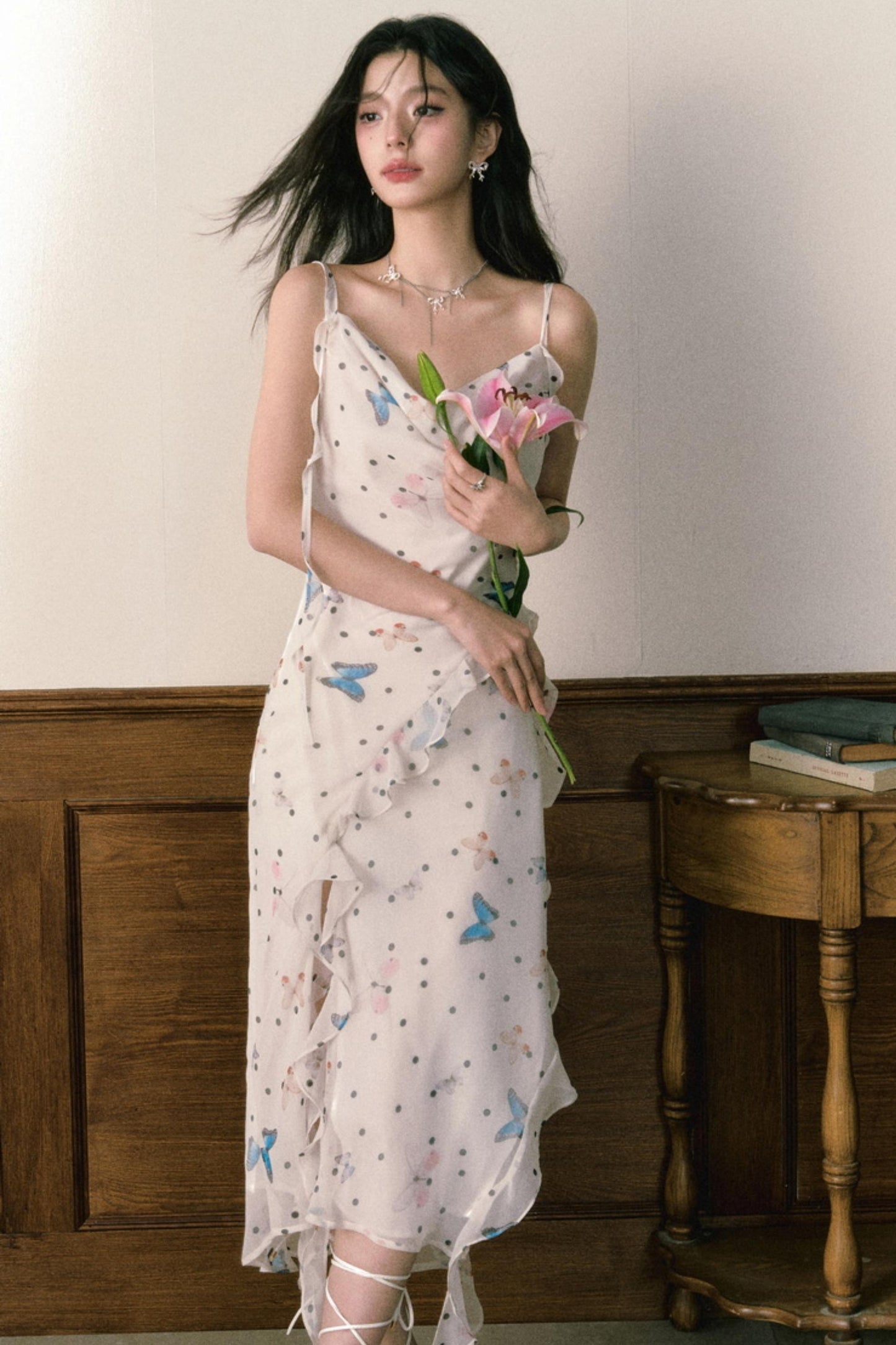 Butterfly Floral Halter Chiffon Maxi Dress