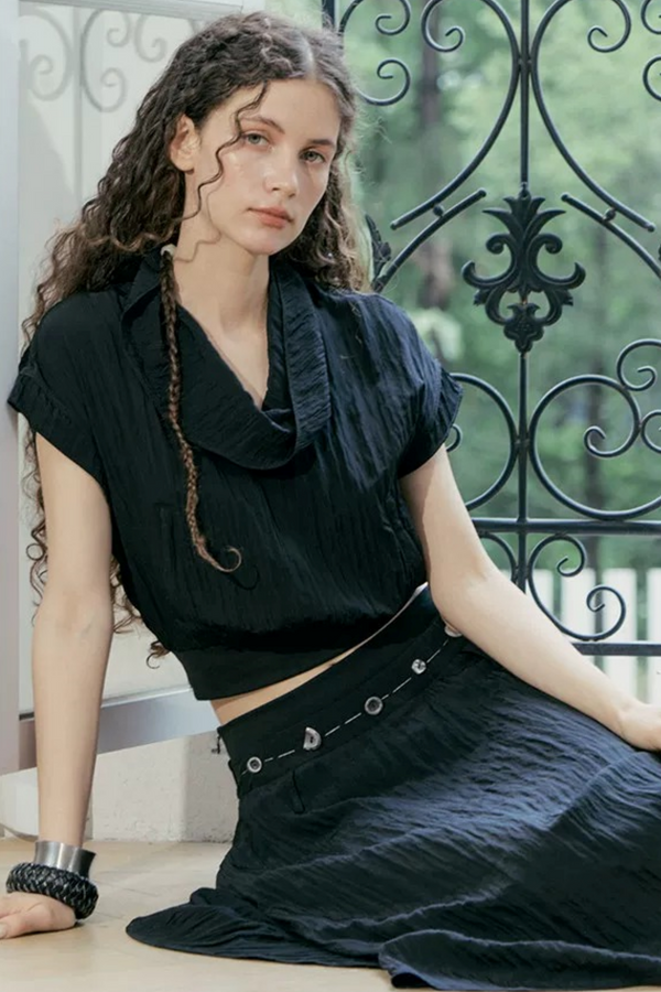 Drape Collar Short Sleeve Shirt With Tie
