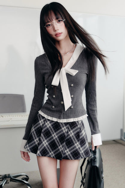 Bow Knit Fake Two-Piece College Top Set-Up