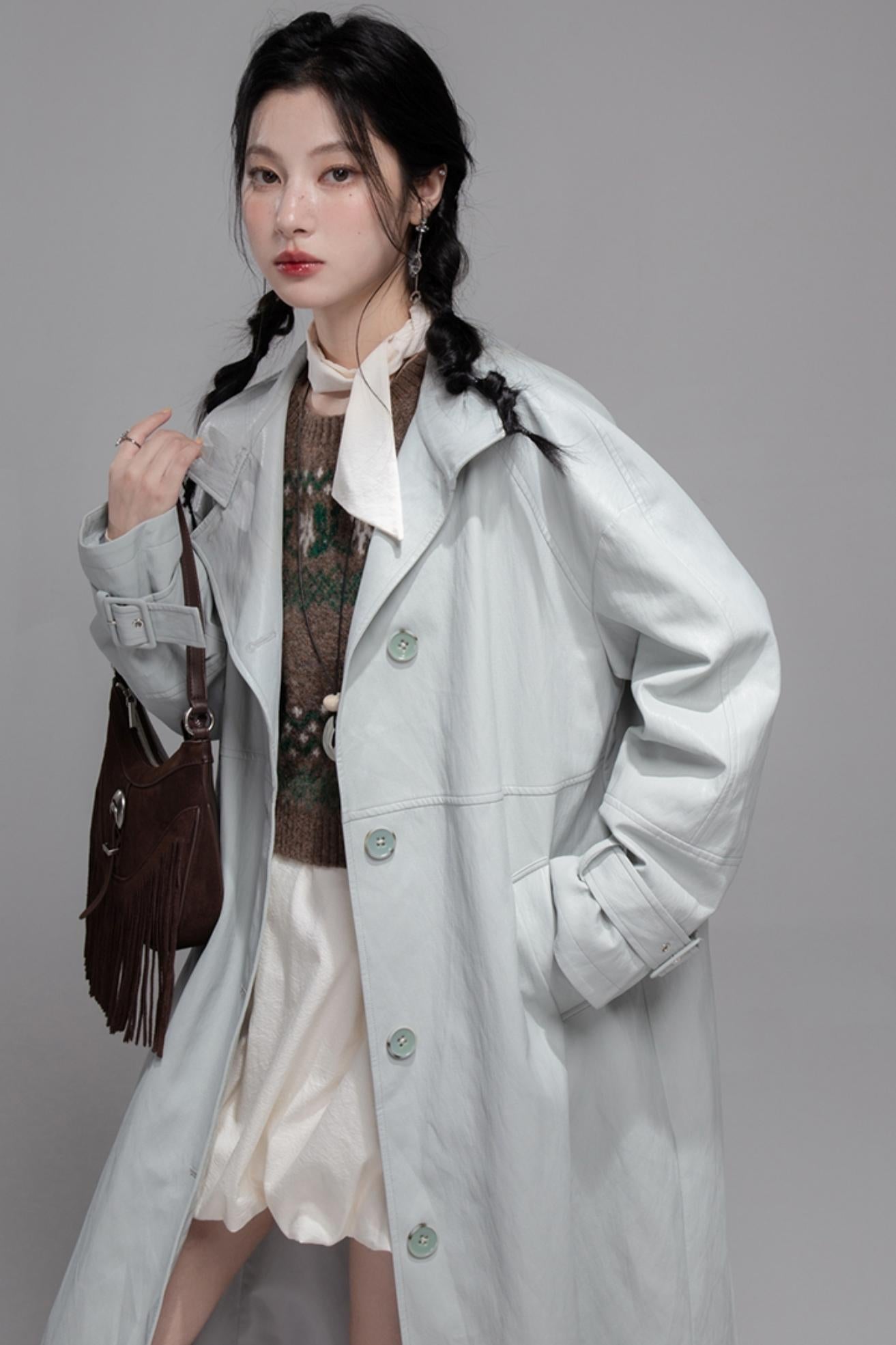 First Gray Leather Trench Coat