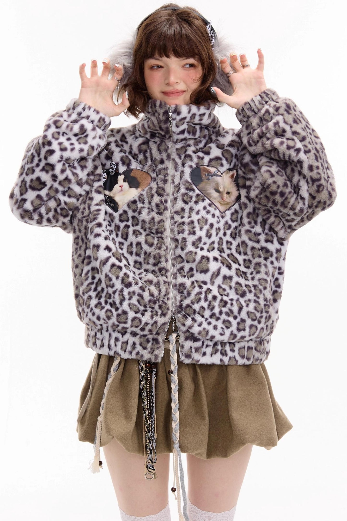 Winter Cat Print Fluffy Coat