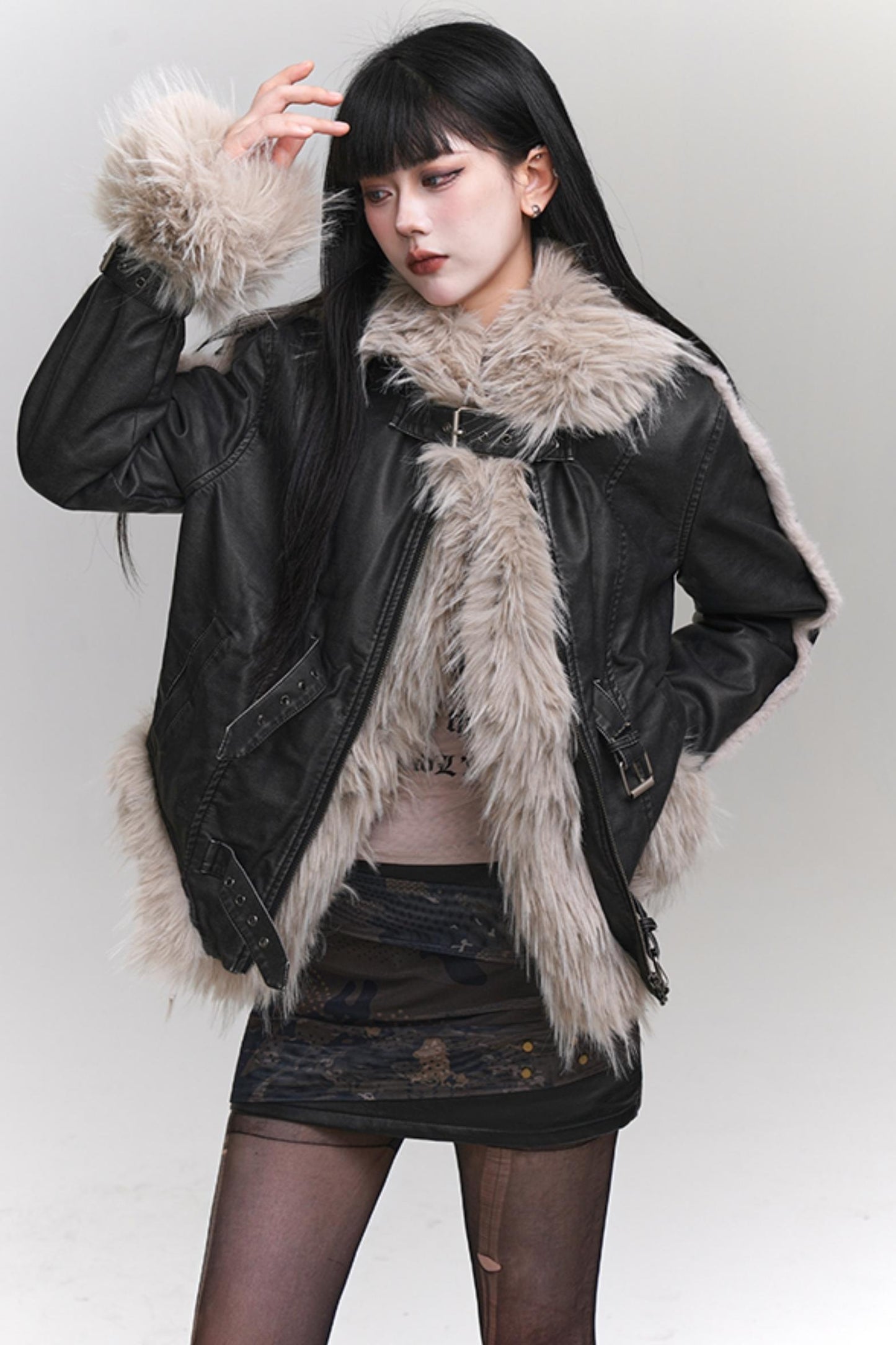 Ghost Girl, Eco-friendly Fur, Big Fur Collar, Fur Integrated Thick Jacket, Female, Autumn and Winter, Unique, Super Good-looking Leather Girl