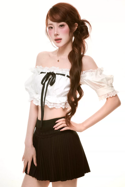 Lace Off-Shoulder Top Skirt Pants Set-Up