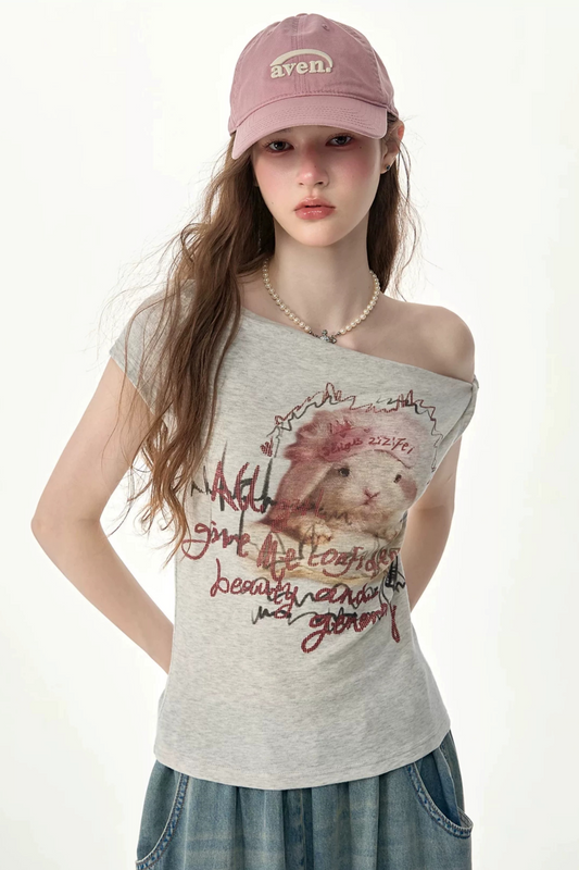 Schulterfreies kurzärmliges T-Shirt mit Hasenprint