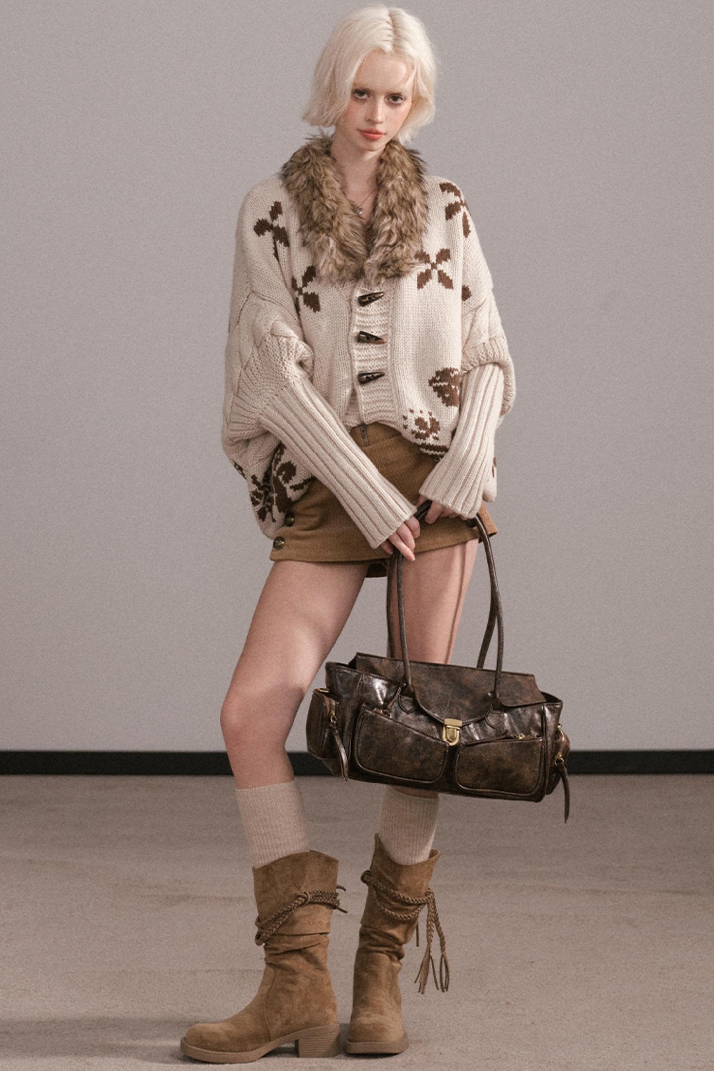 Jacquard Fur Collar Batwing Jacket