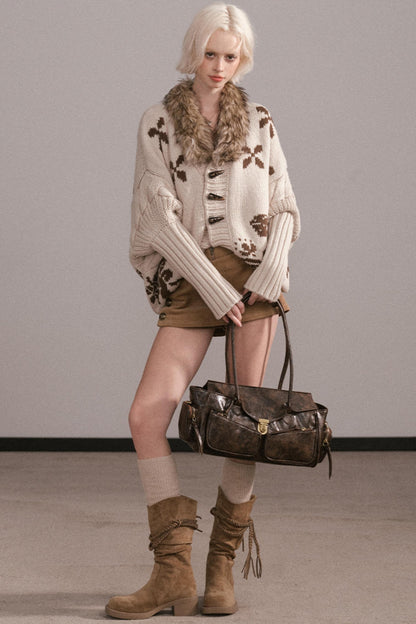 Jacquard Fur Collar Batwing Jacket