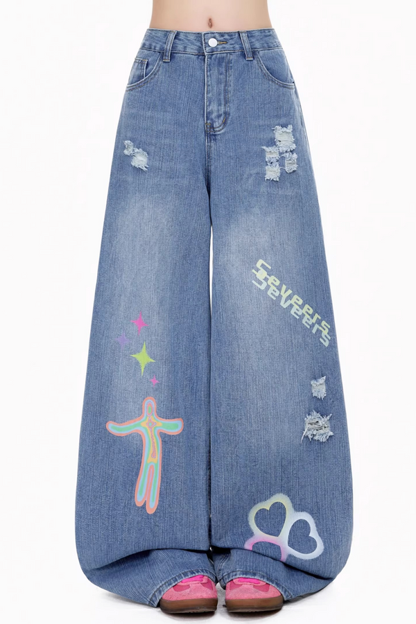 Graffiti Print Ripped Denim Pants