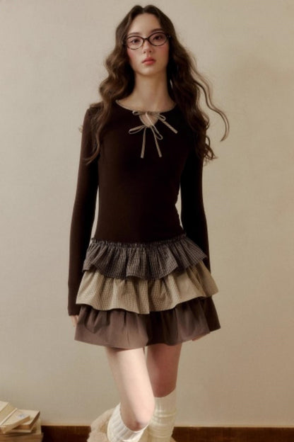 Retro Plaid Knit Tutu Skirt Dress