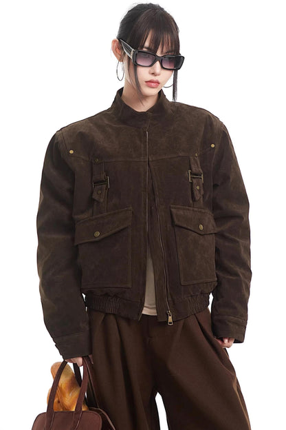 Retro Suede Stand-Up Collar Jacket