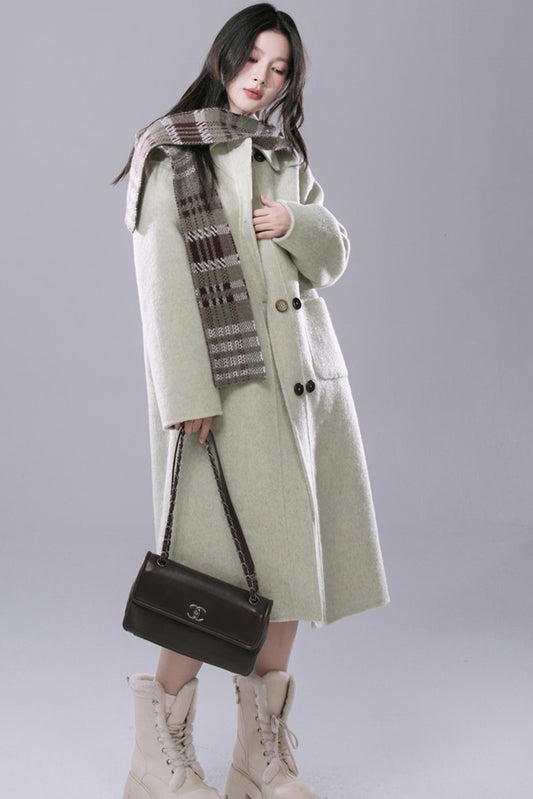 COTRE Yeonnam-dong Street Check Lost Green Wool Hood Collar + Wool Tweed Coat