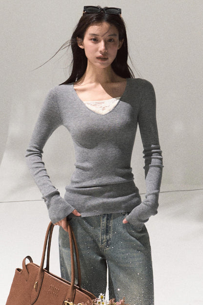 Skin Lace Wool Knit Sleeve Sweater Top