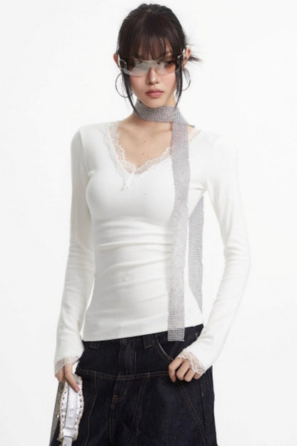 White Lace-Trimmed V-Neck Top