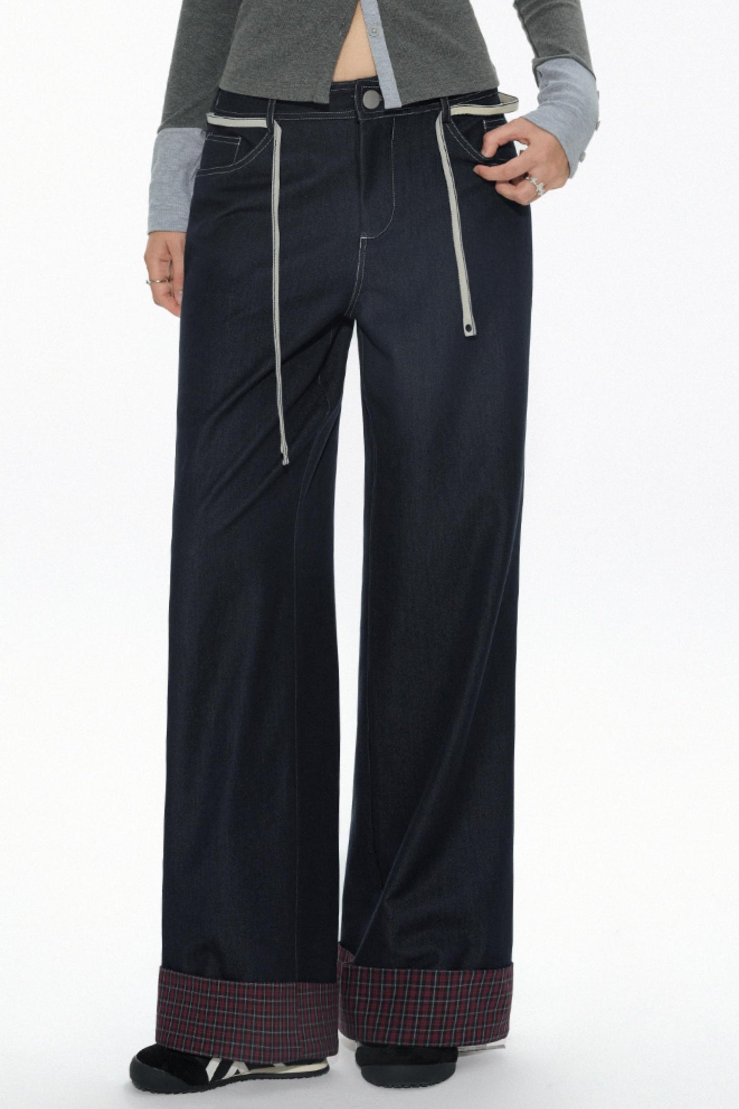 High-Waisted Navy Checkered Wide-Leg Pants