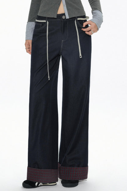 High-Waisted Navy Checkered Wide-Leg Pants