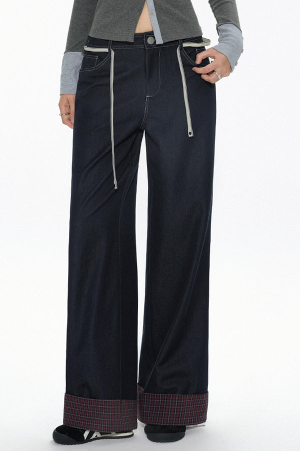High-Waisted Navy Checkered Wide-Leg Pants