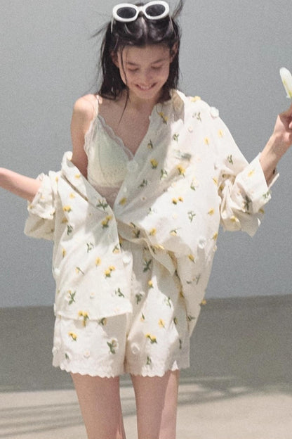 Flowers Cotton Embroidered Casual Shirt Set-Up