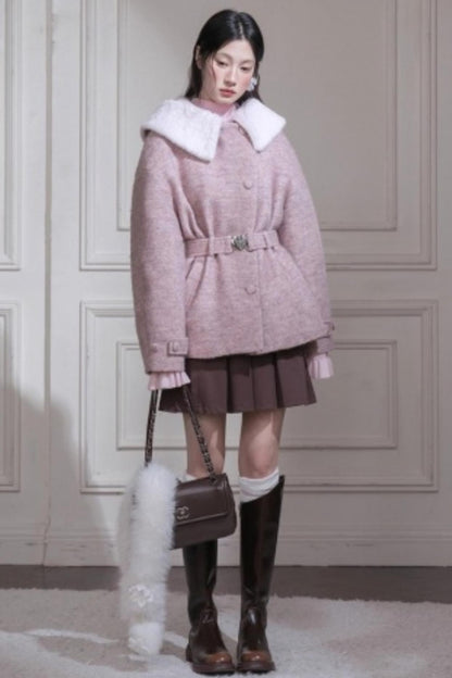 Cream Pink Hooded Wool Coat Set